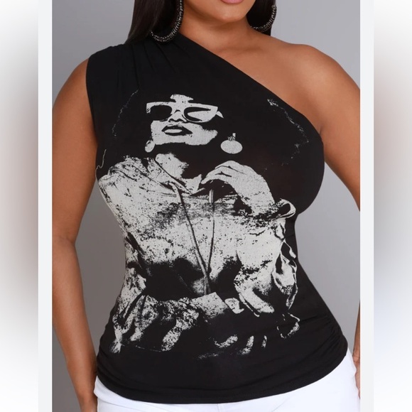JANUARY 7 Black Graphic One-Shoulder Top - Picture 1 of 10